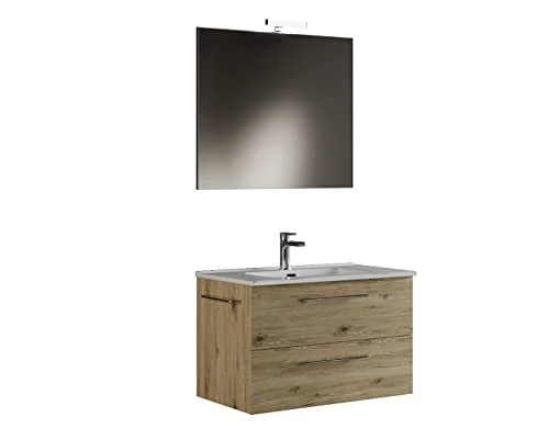 MaMa Store 80-Skåp Hängande badrum 80 cm NATURLIG EK med handfat, Spegel och LED-lampa, L.81 X P.47 H.53 cm, Trä, 81 P. 47 8023416705859
