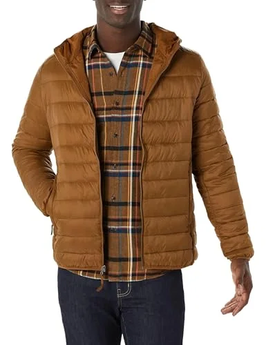 Amazon Essentials herr lätt vattentålig packbar pufferjacka med huva, ljusbrun, X Large 195111522623