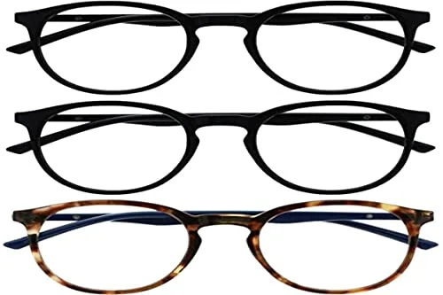 OPULIZE Met läsglasögon med blåljusblockerande 3 pack smal rund ram repbeständiga fjädergångjärn förbättrar sömnen datorspel antireflekterande svartbruna män kvinnor BBB60 112 +3,50 5055955361992