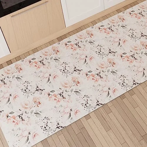 PETTI Artigiani Italiani Köksmatta löpare kök halkfri och tvättbar 52 x 340 cm blommönster 17 vit 100% tillverkad i Italien 8056992316942