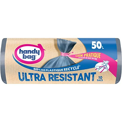 Handy väska rullar med 10 sopsäckar 50 L ULTRA Resistant, 80% återvunnen plast, praktisk länkstängning, tredubbel tjocklek, läckagefri, 68 x 80 cm 4008871217691