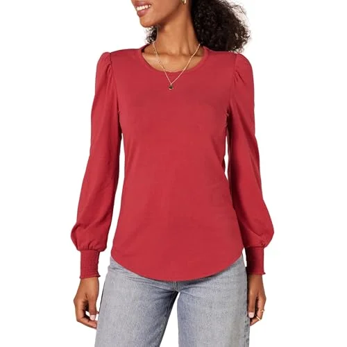 Amazon Essentials dam långärmad rund hals smockad manschett t shirt, mörkröd, small 195111708713