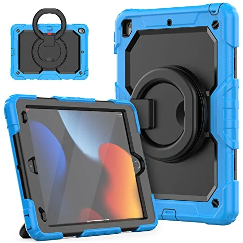 HUEZOE iPad fodral 10,2 tum, Modell 2021/2020/2019 Skyddsskydd för hela kroppen med 360 graders vridbart axelrem 9/8/7, Ljusblå 7627528606441