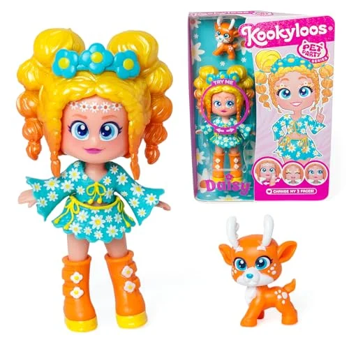 Kookyloos Pet Party Daisy samlardocka med husdjurshjort inklusive docka, 1 husdjur, modekläder och skor x tillbehör. 3 olika ansikten! 8431618032411