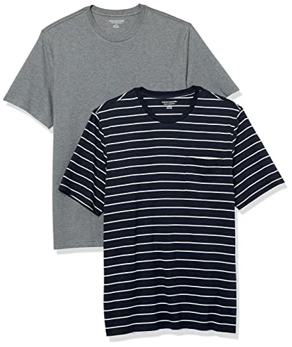 Amazon Essentials herr normal passform kortärmad rund hals ficka t shirt, paket med 2, grå ljung/marinblå rand, medium 196433600907