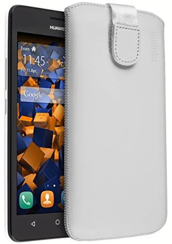 mumbi äkta läderfodral kompatibel med Huawei Y635 skal läder väska Case Wallet, vit 4251077231514