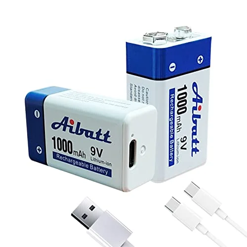 Aibatt batteri 9V 1000 mAh, med laddningskontakt Typ C, Li ION 6F22 uppladdningsbart för mikrofon, rökdetektor, elektronisk leksak, walkie talkie, batterier i ett stycke (2 stycken) 734134185622