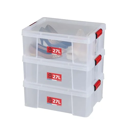 SUNDIS Clip'N Store 27l, set med 3 förvaringslådor i transparent plast, förstärkt clip on lock, lämplig för matkontakt, raka väggar, stapelbar och kombinerbar 3234530013385