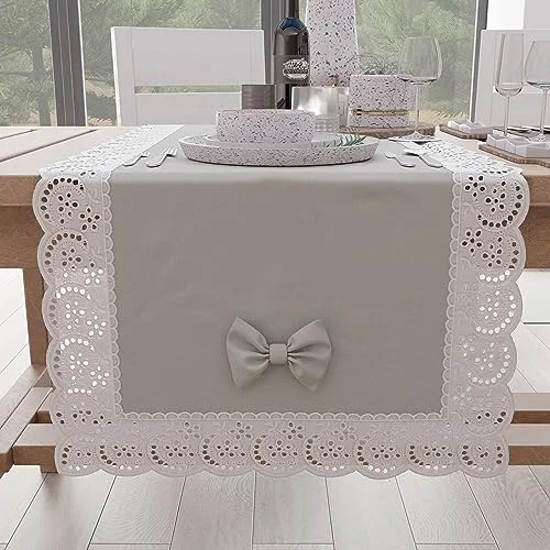 PETTI Artigiani Italiani Löparbord, Kökslöpare, eleganta enfärgade löpare med volang, snörningstyg och rosetter, i bomull, 40 x 140 cm, 100 % tillverkad Italien 8056897034576