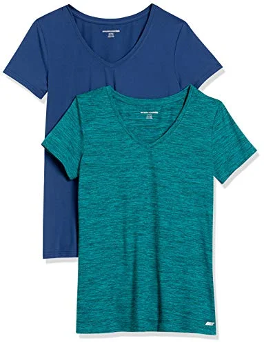 Amazon Essentials Dames Tech stretchig kortärmad V ringad T shirt (finns i plusstorlek), 2 Pack, Blå/Blågrön Rymdfärg, XXL 195111167237