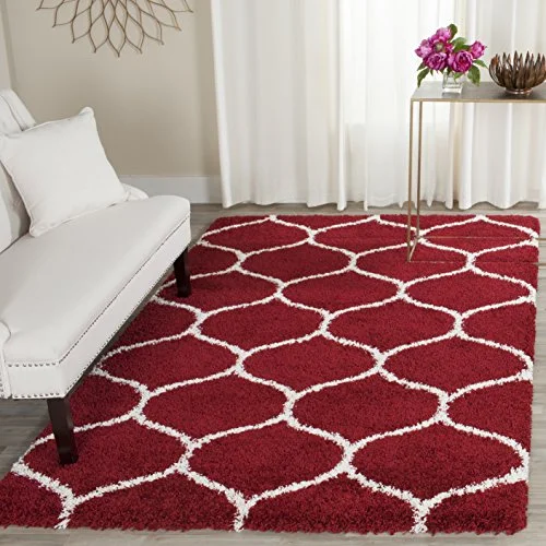 SAFAVIEH lurvig matta för vardagsrum, matsal, sovrum Hudson Shag kollektion, hög lugg, i rött och elfenben, 155 x 229 cm 889048256101