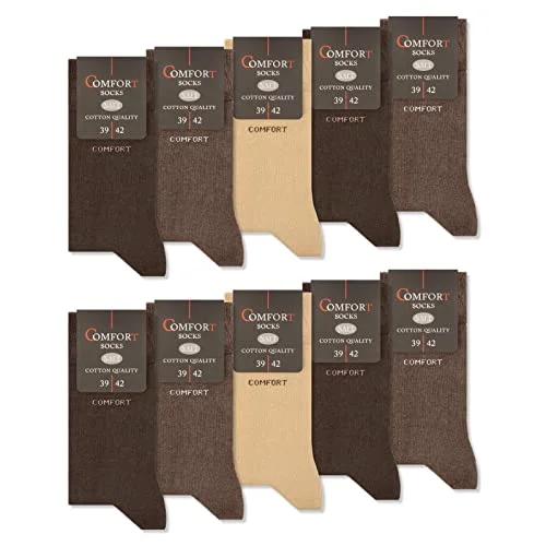 10 Par Comfort Strumpor utan Gummi & Söm Herr Dam Bomull Komfort Midjeband 13100 (39 42 Beige Brun) 4054536078596