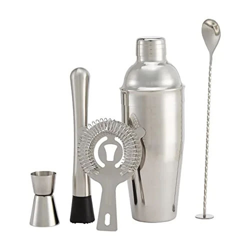 Amazon Basics Barsats, 710 ml shaker, sil, jigger och muddler, 5 pack, rostfritt stål 885169210039