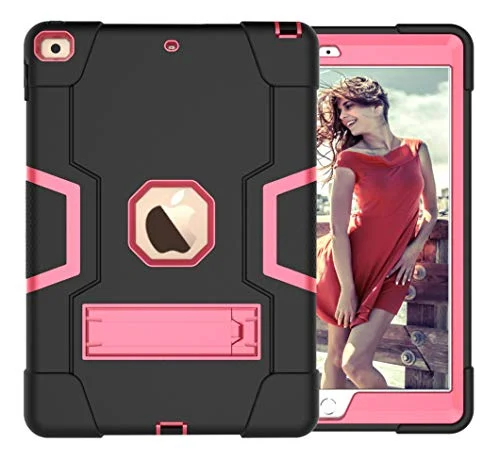 iPad 10,2 (2019/2020/2021) generationen fodral med kickställ, hållbart hårt genomsnittligt stökig hård hybrid tre lager skydd surfplatta silikonfodral (svart + rosened 755985091955