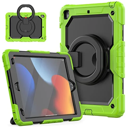 HUEZOE iPad fodral 10,2 tum, Modell 2021/2020/2019 Skyddsskydd för hela kroppen med 360 graders vridbart fäste Axelrem 9/8/7, Grön 7627528606410