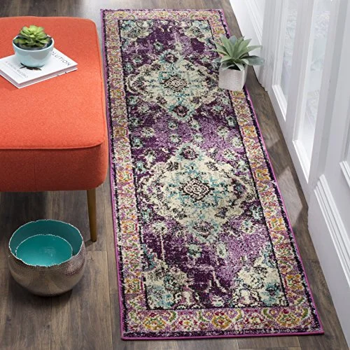 SAFAVIEH Boho chic matta för vardagsrum, matsal, sovrum Monaco kollektion, kort lugg, i violett och ljusblå, 66 x 244 cm 889048339071