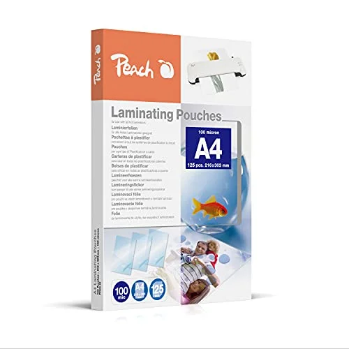 Peach Lamineringsfolier A4 100 mic 125 fickor glänsande premiumkvalitet för bästa lamineringsresultat kompatibel med enheter från alla varumärkestillverkare PP500 02P 7640460545876