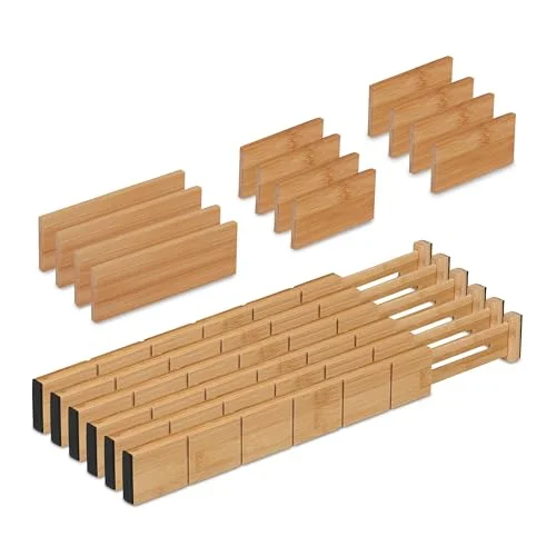 Relaxdays Lådavskiljare, 18 TLG. Set, justerbar längd från 43,5 till 57 cm, bambu, lådavskiljare kök, natur 4052025487416