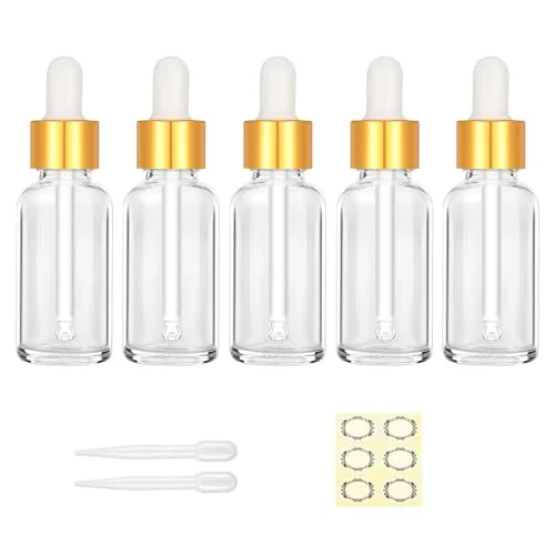 Apstaqeoo 5 st 30 ml genomskinliga droppflaskor i glas med glaspipett, påfyllningsbar ögondroppflaska tomma tinkturflaskor guldlock/etikett/pipett för eteriska oljor parfym aromaterapi 671891455004