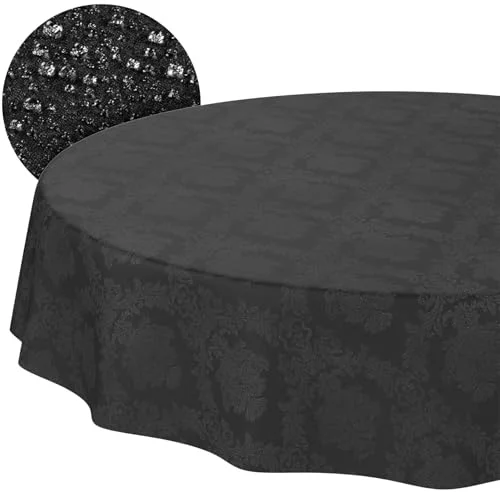 Tyg bordsduk textil bordslinne bomull polyester tvättbar enfärgad prydnad damast jacquardtyg barock svart rund 140 cm skärkant 4059064855923