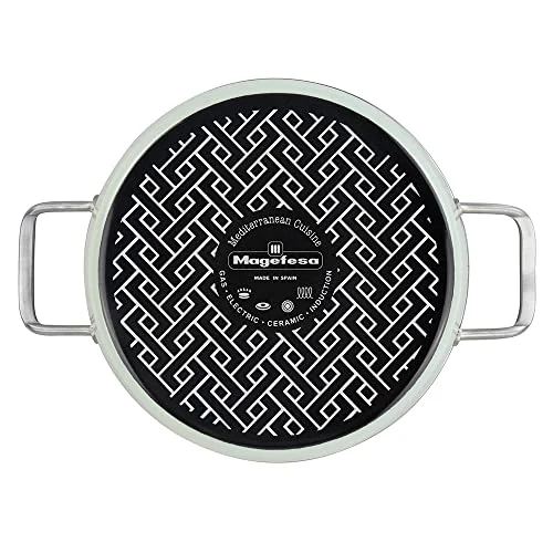 Magefesa Nordic kastrull 28 cm med dubbelskikt non stick beläggning förstärkt mintgrön yttre emalj och satin rostfritt stål hårdvara platt lock i glas 8427267148122