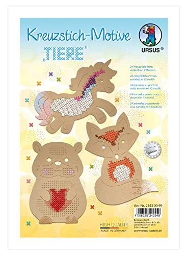 URSUS 21430099 korsstygnsdjur, med 24 ark kraftkartong 250 g/kvm, i 12 olika motiv, inklusive hantverksinstruktioner, perfekt för sticknybörjare, brun 4008525242949