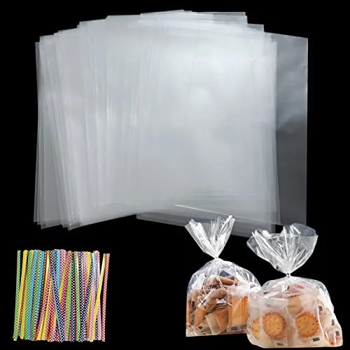 150 stycken genomskinliga cellofanpåsar, 25 x 15 cm cellofanpåsar med metalliska band, plastpåsar, genomskinliga, för festpåsar barnfödelsedag, gästgåvor, polypropen (PP) 635411741176