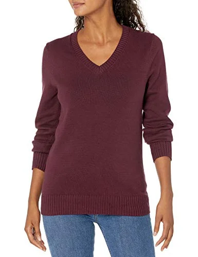 Amazon Essentials Women's Långärmad V ringad tröja i 100% bomull, Vinröd, M 195111228730