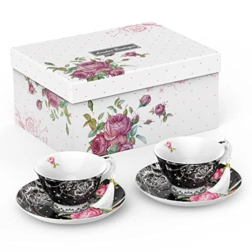 London Boutique Tekopp och fat set 2 eftermiddagste nytt ben Kina vintage flora presentförpackning 200 m (svart) 5060777559830