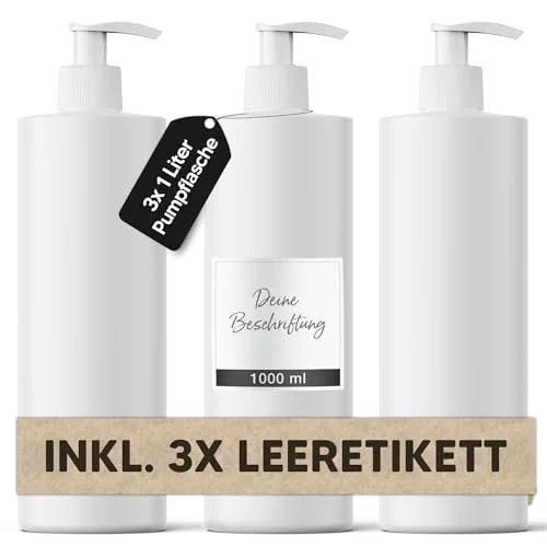 3 x tvåldispenser 1 000 ml med dispenserpump (inklusive etiketter) tom flaska för tvål diskho schampo lotiondispenser av plast återanvändbar plastpumpdispenser vätskor och krämer 4028485658031