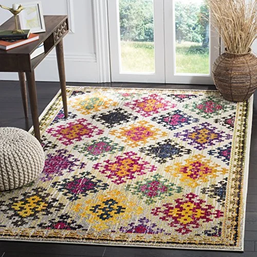 Safavieh Boho Chic inomhus vävd rektangel områdesmatta, Monaco Collection, MNC244, i elfenben/multi, 91 x 152 cm för vardagsrum, sovrum eller alla inomhusutrymmen 889048435834