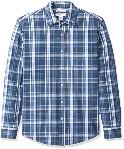 Amazon Essentials mäns Slim Fit långärmad poplin skjorta, marinblå medium rutig, X Small 193548348601