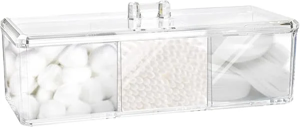 1 pc Square Qtip Holder, 3-Compartment Cotton Pad and Pad Organizer, Clear Acrylic Containers with Lids for Bathroom Vanity F14-278374
