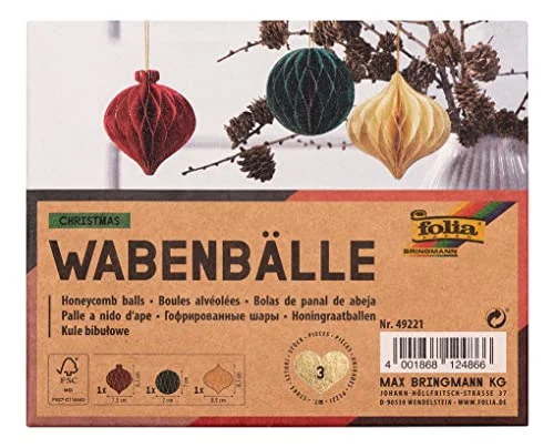 folia 492211 vaxkakebollar jul, julhängen set om 3, diameter ca 8 cm, vikbar juldekoration för inomhusbruk, kräm, röd och grön med glitter, S/M 4001868124866