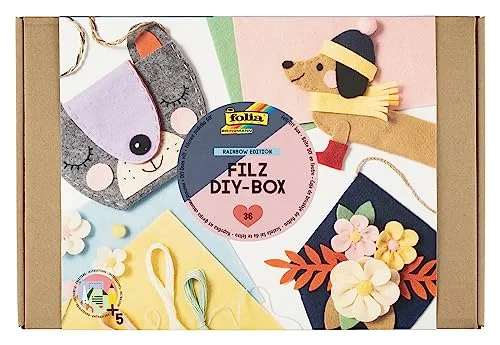 Folia 9310 DIY Rainbow Edition tuschfilt, set, 36 stycken med filtull, filtplattor, tråd, tillbehör och instruktioner, 4001868127973
