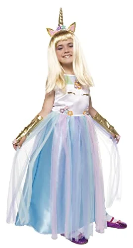 Rubies Prinsessan Unicorn Queen kostym för flickor, klänning med blå organza, enhörningsdetaljer och pannband, original, perfekt halloween, jul, karneval födelsedag. 8422971803671