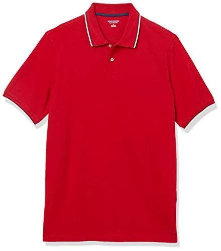 Amazon Essentials mäns Regular-Fit bomull pikétröja (finns i stora och långa), röd/marinblå/vit, Large 194223585021
