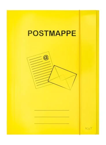 K3T postmapp DIN A4 tillverkad av robust kartong, gul färg, med brett elastiskt band och 3 innerflikar 4022792049162