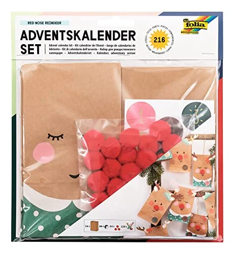Folia 9384 Red Nose Reindeer adventskalender, 24 påsar för självpåfyllning och hantverk, med tillbehör, 9384, flerfärgad 4001868124644