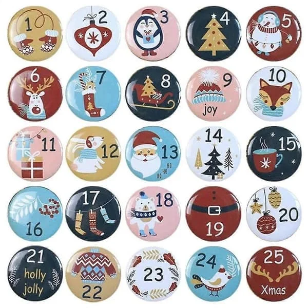 1-25 Nummer Jul Adventskalender Runda Knappar Set För Presentdekoration Till Band Tygpåsar Paket DJ313-267