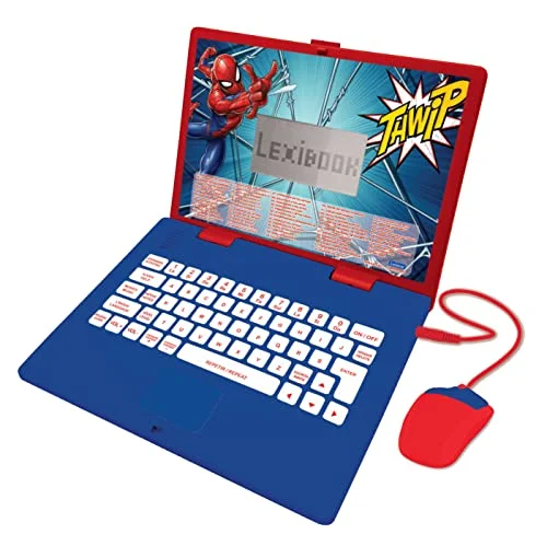 LEXIBOOK Marvel Spiderman bärbar dator, blå/röd pedagogisk tvåspråkig leksak med 124 aktiviteter, musik, spel, för åldrarna 3+ 3380743097336