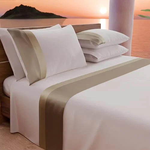 PETTI Artigiani Italiani Set med sängkläder för dubbelsäng dubbelfläns i satin 4 delar, 180 x 200 lakan bomull percale hörn, överlakan och 2 örngott, brungrå 8056897563649
