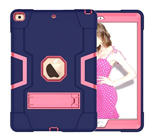 iPad 11 tum (2018/2020/2021/) Air4 10,9 (2020)/iPad Air5 (2022 generationsfall med kickstativ, hållbar tung stötdämpare, hård hybrid tre lager skydd (marinblå + roleed 755985093782