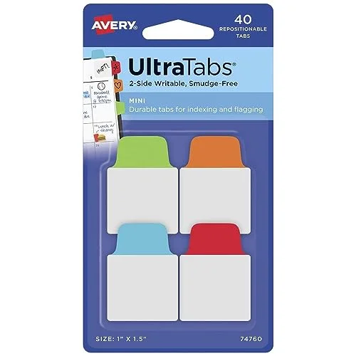 Avery Ultra Tabs, Tomma registerflikar, Blå, Grön, Orange, Röd 4004182335147