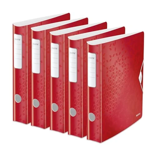 Leitz kvalitetsmapp 180 Active WOW, 5 pack, A4, smal, rundad rygg, 6,5 cm bred, gummibandslås, vatten och smutsavvisande polyfoam, innerfickor, WOW serien, röd, 11070026 4002432619740