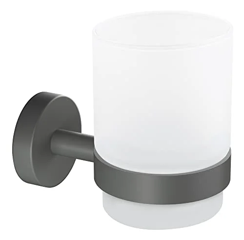 tesa® MOON GREY tandborsthållare med mugg av satinerat glas, i matt grå för badrum industriell stil och moderna borrfri, inklusive lim 96 mm x 70 109 4063565153471