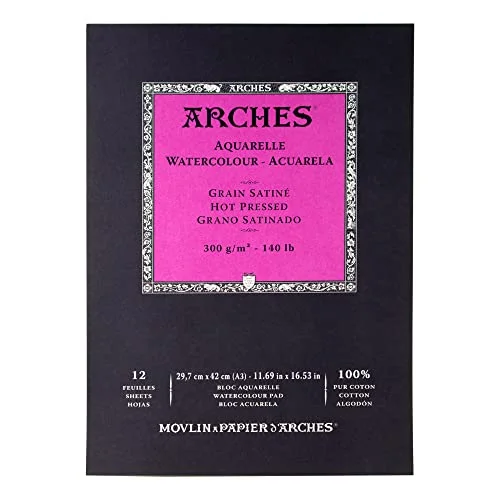 Arches Aquarelle 100% Satin 300g Limmad Block A3 12 ark Vit Naturlig 3700417134875