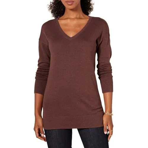 Amazon Essentials Women's Lätt långärmad V ringad tunika tröja (finns i plusstorlek), Mörk kastanjebrun ljung, XL 195111566009