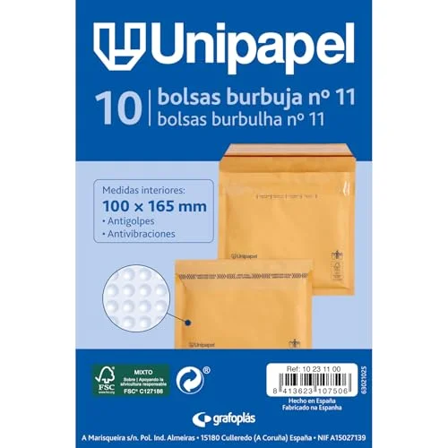 Unipapel Kraft vadderade kuvert med inre bubbelpapper nr 11 mått 100 x 165 mm självhäftande förslutning 10 pack perfekt för säker och skyddad frakt FSC certifierad 8413623107506
