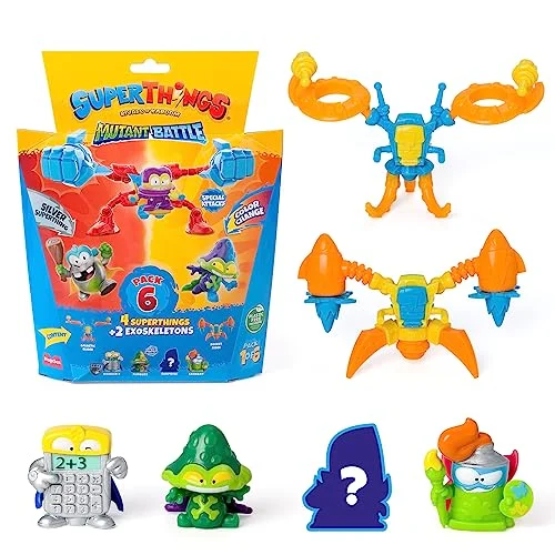 SuperThings Mutant Battle serien, 6 pack, innehåller 4 (1 silverkapten) och 2 Exoskeletons. Pack 1 av 8431618026052